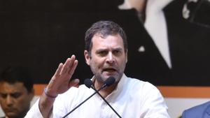 Congress president Rahul Gandhi addresses the booth presidents convention at the Indira Gandhi Indoor Stadium, New Delhi, March 11, 2019(Sanjeev Verma/HT PHOTO) Congress president Rahul Gandhi addresses the booth presidents convention at the Indira Gandhi Indoor Stadium, New Delhi, March 11, 2019(Sanjeev Verma/HT PHOTO)