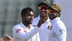 Bangladeshi cricketer Mehidy Hasan (L) celebrates with teammate Shakib Al Hasan (R) after the dismissal of West Indies cricketer Shimron Hetmyer during the third day of the second Test cricket match between Bangladesh and West Indies at the Sher-e-Bangla National Cricket Stadium in Dhaka.(AFP) Bangladeshi cricketer Mehidy Hasan (L) celebrates with teammate Shakib Al Hasan (R) after the dismissal of West Indies cricketer Shimron Hetmyer during the third day of the second Test cricket match between Bangladesh and West Indies at the Sher-e-Bangla National Cricket Stadium in Dhaka.(AFP)