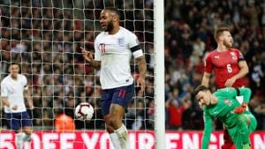 England's Raheem Sterling celebrates scoring their first goal.(Action Images via Reuters) England's Raheem Sterling celebrates scoring their first goal.(Action Images via Reuters)