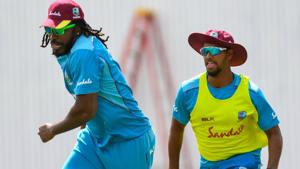 Chris Gayle (L) and Nicholas Pooran (R) of West Indies take part in a training session.(AFP) Chris Gayle (L) and Nicholas Pooran (R) of West Indies take part in a training session.(AFP)