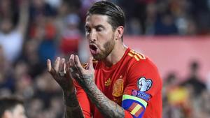 Sergio Ramos celebrates after scoring a goal during the Euro 2020 group F qualifying football match.(AFP) Sergio Ramos celebrates after scoring a goal during the Euro 2020 group F qualifying football match.(AFP)