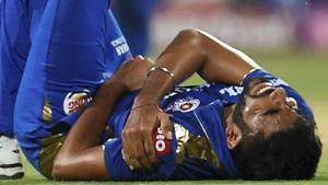 Mumbai Indians Jasprit Bumrah grimaces in pain during an IPL T-20 match against Delhi Capitals.(PTI) Mumbai Indians Jasprit Bumrah grimaces in pain during an IPL T-20 match against Delhi Capitals.(PTI)