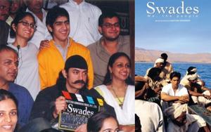 Swades assistant director Ayan Mukerji and director Ashutosh Gowariker with Aamir Khan on the sets of the film.(Instagram) Swades assistant director Ayan Mukerji and director Ashutosh Gowariker with Aamir Khan on the sets of the film.(Instagram)