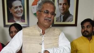 Chhattisgarh chief minister Bhupesh Baghel at state Congress office in Raipur.(Arijit Sen/HT Photo) Chhattisgarh chief minister Bhupesh Baghel at state Congress office in Raipur.(Arijit Sen/HT Photo)
