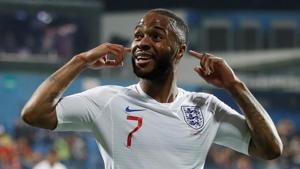 England's Raheem Sterling celebrates scoring their fifth goal against Montenegro.(Reuters) England's Raheem Sterling celebrates scoring their fifth goal against Montenegro.(Reuters)