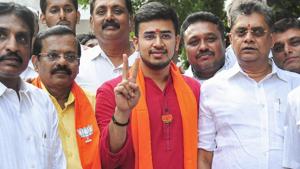 BJP Lok Sabha Candidate from Bangalore South Tejasvi Surya showing victory sign after filing his nomination for Lok Sabha elections at Jayanagar, in Bengaluru on Tuesday.(PTI file photo) BJP Lok Sabha Candidate from Bangalore South Tejasvi Surya showing victory sign after filing his nomination for Lok Sabha elections at Jayanagar, in Bengaluru on Tuesday.(PTI file photo)