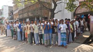 Voters wait in a long queue to cast votes during the first phase of Bihar Assembly polls, outside a polling booth at Champanagar Tanti Bazar of Nathnagar, in Bihar, India on Monday, October 12, 2015.(HT Photo) Voters wait in a long queue to cast votes during the first phase of Bihar Assembly polls, outside a polling booth at Champanagar Tanti Bazar of Nathnagar, in Bihar, India on Monday, October 12, 2015.(HT Photo)