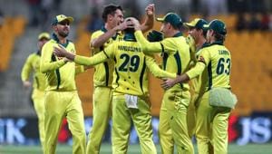 Australian cricketer Peter Handscomb (C) celebrates with his teammates catching Pakistan batsman Shan Masood off a ball from paceman Pat Cummins(AFP) Australian cricketer Peter Handscomb (C) celebrates with his teammates catching Pakistan batsman Shan Masood off a ball from paceman Pat Cummins(AFP)