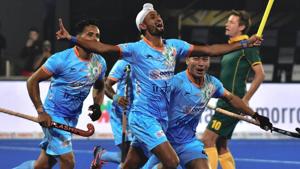 File image of Indian’s Mandeep Singh (C) celebrating after scoring a goal.(AFP) File image of Indian’s Mandeep Singh (C) celebrating after scoring a goal.(AFP)