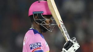Rajasthan Royals’ Sanju Samson raises his bat to celebrate his century.(AP) Rajasthan Royals’ Sanju Samson raises his bat to celebrate his century.(AP)