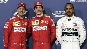 Ferrari driver Charles Leclerq of Monaco, center, Ferrari driver Sebastian Vettel of Germany, left, and Mercedes driver Lewis Hamilton.(AP) Ferrari driver Charles Leclerq of Monaco, center, Ferrari driver Sebastian Vettel of Germany, left, and Mercedes driver Lewis Hamilton.(AP)