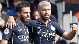 Manchester City's Sergio Aguero celebrates with teammate Bernardo Silva, left.(AP) Manchester City's Sergio Aguero celebrates with teammate Bernardo Silva, left.(AP)