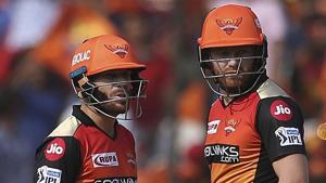 Sunrisers Hyderabad's David Warner, left, and Jonny Bairstow talk between the wickets against Royal Challengers Bangalore.(AP) Sunrisers Hyderabad's David Warner, left, and Jonny Bairstow talk between the wickets against Royal Challengers Bangalore.(AP)