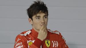 Ferrari driver Charles Leclerc of Monaco gestures at the end of the Bahrain Formula One Grand Prix.(AP) Ferrari driver Charles Leclerc of Monaco gestures at the end of the Bahrain Formula One Grand Prix.(AP)