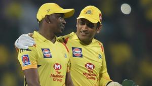 Chennai: CSK skipper MS Dhoni and Dwayne Bravo celebrate their team's win in the Indian Premier League 2019 (IPL T20) cricket match between Chennai Super Kings (CSK) and Rajasthan Royals (RR)(PTI)