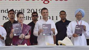 The Congress on Tuesday unveiled its manifesto for the Lok Sabha elections saying that it has “enough to address everyone’s concerns” in the country .(HT Photo) The Congress on Tuesday unveiled its manifesto for the Lok Sabha elections saying that it has “enough to address everyone’s concerns” in the country .(HT Photo)