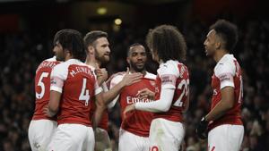 Arsenal's Alexandre Lacazette, center, celebrates scoring his side's second goal.(AP) Arsenal's Alexandre Lacazette, center, celebrates scoring his side's second goal.(AP)