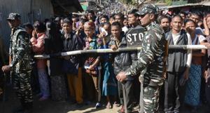 Bru voters wait to cross the border between Tripura into Mizoram, to cast their votes in the Mizoram state assembly election at Kanhmun in Mamit district, some 192 kms from Aizawl on November 28, 2018.(AFP File Photo) Bru voters wait to cross the border between Tripura into Mizoram, to cast their votes in the Mizoram state assembly election at Kanhmun in Mamit district, some 192 kms from Aizawl on November 28, 2018.(AFP File Photo)