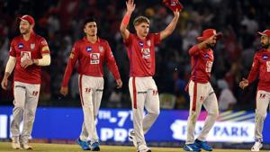 Kings XI Punjab (KXIP) player Sam Curran along with team members celebrates after claiming the wicket of DC's Colin Ingram.(PTI) Kings XI Punjab (KXIP) player Sam Curran along with team members celebrates after claiming the wicket of DC's Colin Ingram.(PTI)