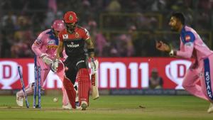 Jaipur: Royal Challengers Bangalore (RCB) batsman Virat Kohli after he was bowled out during the Indian Premier League (IPL T20 2019) cricket match between Royal Challengers Bangalore (RCB) and Rajasthan Royals( RR)(PTI) Jaipur: Royal Challengers Bangalore (RCB) batsman Virat Kohli after he was bowled out during the Indian Premier League (IPL T20 2019) cricket match between Royal Challengers Bangalore (RCB) and Rajasthan Royals( RR)(PTI)