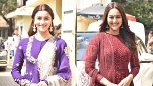 Alia Bhatt and Sonakshi Sinha appeared in anarkali suits at Kalank trailer launch.(Varinder Chawla) Alia Bhatt and Sonakshi Sinha appeared in anarkali suits at Kalank trailer launch.(Varinder Chawla)