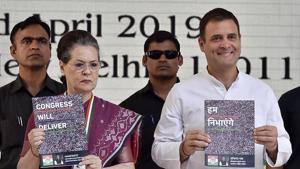 Congress President Rahul Gandhi and senior Congress leader Sonia Gandhi releasing the party manifesto for the upcoming Lok Sabha election, New Delhi, April 2(Ajay Aggarwal/HT PHOTO) Congress President Rahul Gandhi and senior Congress leader Sonia Gandhi releasing the party manifesto for the upcoming Lok Sabha election, New Delhi, April 2(Ajay Aggarwal/HT PHOTO)