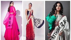 Wearing your ‘thoughts’ on your ‘traditional’ sleeves, is the new big deal in the trend-o-sphere.(Photo Collage: Instagram/therealkarismakapoor; sonamkapoor; rheakapoor) Wearing your ‘thoughts’ on your ‘traditional’ sleeves, is the new big deal in the trend-o-sphere.(Photo Collage: Instagram/therealkarismakapoor; sonamkapoor; rheakapoor)