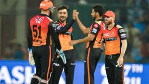 Sunrisers Hyderabad bowler Rashid Khan (C) celebrates with his teammates after he dismissed Delhi Capitals cricketer Shreyas Iyer during the 2019 Indian Premier League (IPL) Twenty20 cricket match between Delhi Capitals and Sunrisers Hyderabad(AFP) Sunrisers Hyderabad bowler Rashid Khan (C) celebrates with his teammates after he dismissed Delhi Capitals cricketer Shreyas Iyer during the 2019 Indian Premier League (IPL) Twenty20 cricket match between Delhi Capitals and Sunrisers Hyderabad(AFP)