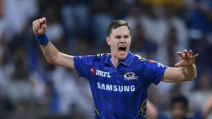 MI bowler Jason Behrendorff celebrates after claiming the wicket of Ambati Rayudu during the Indian Premier League 2019 (IPL T20) cricket match between Mumbai Indians (MI) and Chennai Super Kings (CSK) at Wankede Stadium in Mumbai, Wednesday, April 3, 2019.(PTI) MI bowler Jason Behrendorff celebrates after claiming the wicket of Ambati Rayudu during the Indian Premier League 2019 (IPL T20) cricket match between Mumbai Indians (MI) and Chennai Super Kings (CSK) at Wankede Stadium in Mumbai, Wednesday, April 3, 2019.(PTI)