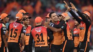 SRH bowler Mohammad Nabi celebrates with his teammates after dismissing RCB batsman AB de Villiers during the Indian Premier League 2019 (IPL T20) cricket match between Sunrisers Hyderabad (SRH) and Royal Challengers Bangalore (RCB) at Rajiv Gandhi International Cricket Stadium in Hyderabad, Sunday, March 31, 2019.(PTI) SRH bowler Mohammad Nabi celebrates with his teammates after dismissing RCB batsman AB de Villiers during the Indian Premier League 2019 (IPL T20) cricket match between Sunrisers Hyderabad (SRH) and Royal Challengers Bangalore (RCB) at Rajiv Gandhi International Cricket Stadium in Hyderabad, Sunday, March 31, 2019.(PTI)