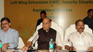 Ranchi: Union Home Minister Rajnath Singh with Jharkhand Chief Minister Raghubar Das and Senior Security Advisor, Ministry of Home Affairs, K Vijay Kumar, during a review meeting on Left Wing Extremism (LWE), in Ranchi on Friday. (PTI Photo) (PTI5_11_2018_000048B)(PTI) Ranchi: Union Home Minister Rajnath Singh with Jharkhand Chief Minister Raghubar Das and Senior Security Advisor, Ministry of Home Affairs, K Vijay Kumar, during a review meeting on Left Wing Extremism (LWE), in Ranchi on Friday. (PTI Photo) (PTI5_11_2018_000048B)(PTI)