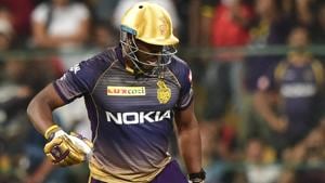 Kolkata Knight Riders (KKR) batsman Andre Russell celebrates after beating Royal Challengers Bangalore (RCB) on Friday.(PTI) Kolkata Knight Riders (KKR) batsman Andre Russell celebrates after beating Royal Challengers Bangalore (RCB) on Friday.(PTI)