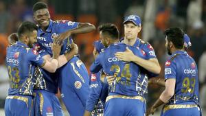 Mumbai Indian's team members celebrate by lifting Alzarri Joseph after their win over Sunrisers Hyderabad.(AP) Mumbai Indian's team members celebrate by lifting Alzarri Joseph after their win over Sunrisers Hyderabad.(AP)
