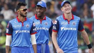 Delhi Capitals' Axar Patel, left, Kagiso Rabada, center, and Chris Morris leave the field.(AP) Delhi Capitals' Axar Patel, left, Kagiso Rabada, center, and Chris Morris leave the field.(AP)