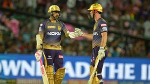 Kolkata Knight Riders’ Chris Lynn (R) and Sunil Narine share a moment during their match against Rajasthan Royals.(AFP) Kolkata Knight Riders’ Chris Lynn (R) and Sunil Narine share a moment during their match against Rajasthan Royals.(AFP)