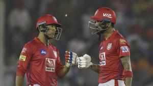 Mayank Agarwal of Kings XI Punjab and KL Rahul of Kings XI Punjab share a moment in the middle.(AP) Mayank Agarwal of Kings XI Punjab and KL Rahul of Kings XI Punjab share a moment in the middle.(AP)