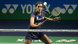 PV Sindhu plays a shot against China's badminton player He Bingjiao.(AFP) PV Sindhu plays a shot against China's badminton player He Bingjiao.(AFP)