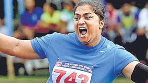 Manpreet Kaur reacts after setting a new National Record in the women's shot put event.(PTI) Manpreet Kaur reacts after setting a new National Record in the women's shot put event.(PTI)