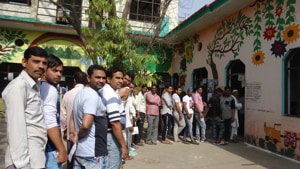 Voters outside a polling booth in Meerut in Uttar Pradesh on Thursday.(HT PHOTO) Voters outside a polling booth in Meerut in Uttar Pradesh on Thursday.(HT PHOTO)
