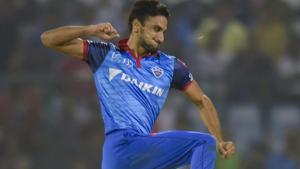 Delhi Capitals (DC) bowler Harshal Patel celebrates wicket of KKR batsman Robin Uthappa.(PTI) Delhi Capitals (DC) bowler Harshal Patel celebrates wicket of KKR batsman Robin Uthappa.(PTI)