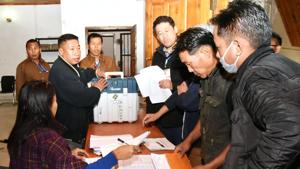 Polling officials collect the Electronic Voting Machine (EVM) and other items for use in the General Elections-2019, at the distribution centre, in Kohima on Wednesday, April 10, 2019. The lone Lok Sabha seat in the state is voting on April 11.(ANI) Polling officials collect the Electronic Voting Machine (EVM) and other items for use in the General Elections-2019, at the distribution centre, in Kohima on Wednesday, April 10, 2019. The lone Lok Sabha seat in the state is voting on April 11.(ANI)