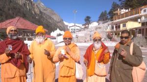 102-year- old seer Ramanand Saraswati (second from right) along with other seers in Gangotri shrine where for the first time a polling booth was established for Lok Sabha elections. All five seats in Uttarakhand voted in first phase on April 11, 2019. 102-year- old seer Ramanand Saraswati (second from right) along with other seers in Gangotri shrine where for the first time a polling booth was established for Lok Sabha elections. All five seats in Uttarakhand voted in first phase on April 11, 2019.