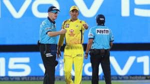 MS Dhoni argues with umpires about an overruled no ball decision during CSK’s match against Rajasthan Royals in Jaipur.(Twitter/IPL)