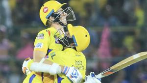 Chennai Super Kings' Ravindra Jadeja, right, and Mitchell Santner celebrate their victory.(AP) Chennai Super Kings' Ravindra Jadeja, right, and Mitchell Santner celebrate their victory.(AP)