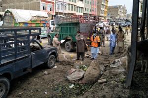 Members of the bomb disposal unit survey the site after a blast at a vegetable market in Quetta, Pakistan April 12, 2019(REUTERS) Members of the bomb disposal unit survey the site after a blast at a vegetable market in Quetta, Pakistan April 12, 2019(REUTERS)
