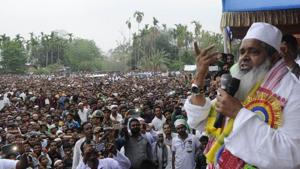All India United Democratic Front Badruddin Ajmal at an election rally at Gossaingaon , Assam.(HT FILE PHOTO)