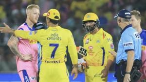 Players of Chennai Super Kings', in yellow, and Rajasthan Royals discuss with an umpire over a No Ball.(AP)