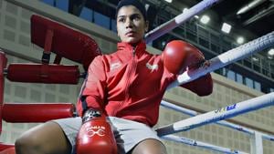 Nikhat Zareen during the practice session for Asian Games at Indira Gandhi Indore Stadium in New Delhi.(Raj K Raj/HT PHOTO) Nikhat Zareen during the practice session for Asian Games at Indira Gandhi Indore Stadium in New Delhi.(Raj K Raj/HT PHOTO)