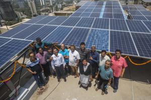 With 546 panels, Dheeraj Dreams Building 1’s solar power plant is the largest in the suburbs.(HT Photo) With 546 panels, Dheeraj Dreams Building 1’s solar power plant is the largest in the suburbs.(HT Photo)
