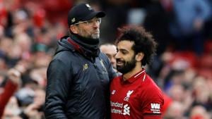 Jurgen Klopp with Mohamed Salah at the end of the match.(REUTERS.) Jurgen Klopp with Mohamed Salah at the end of the match.(REUTERS.)